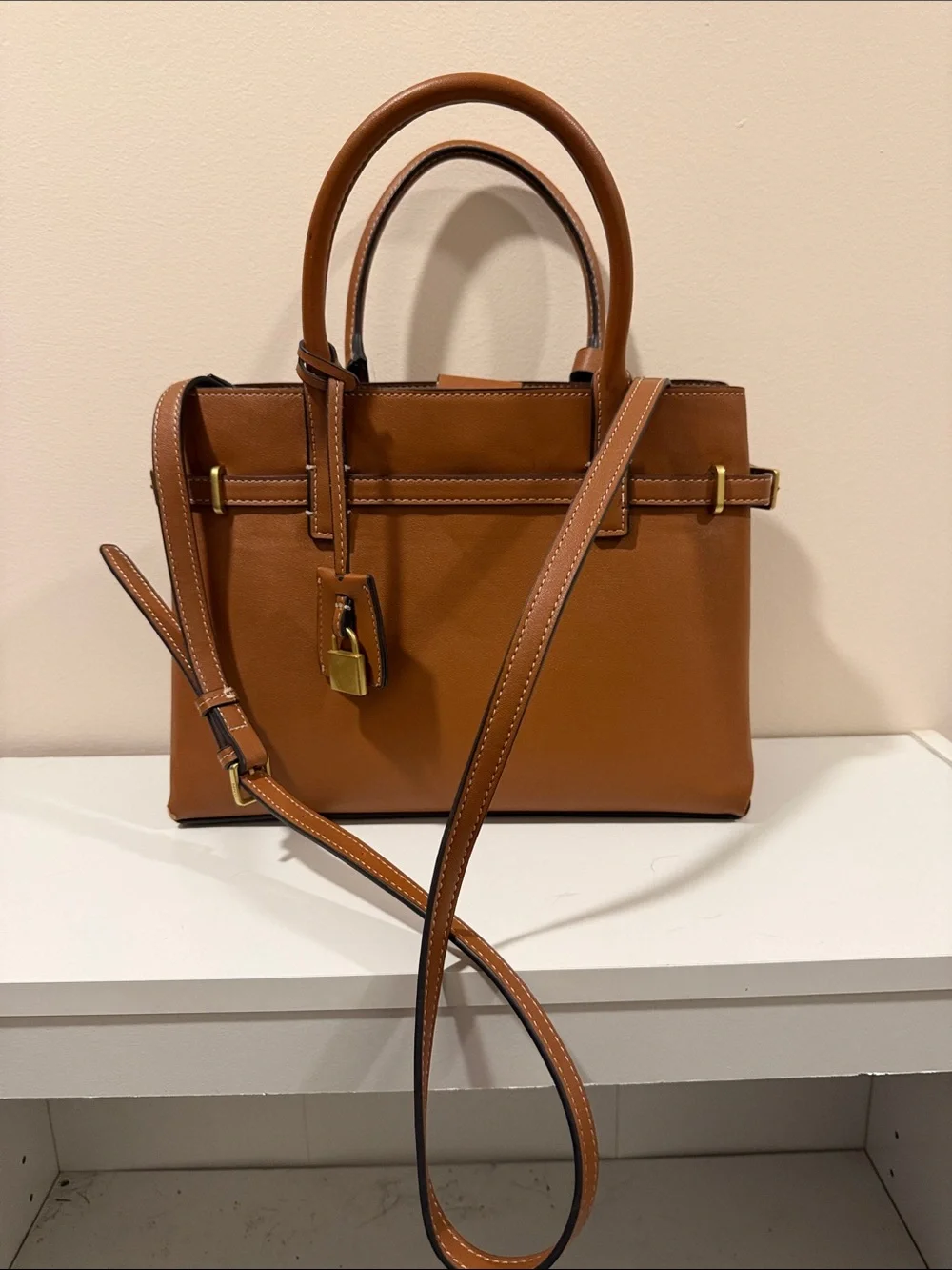 Mango Cognac Leather Satchel with Gold Hardware